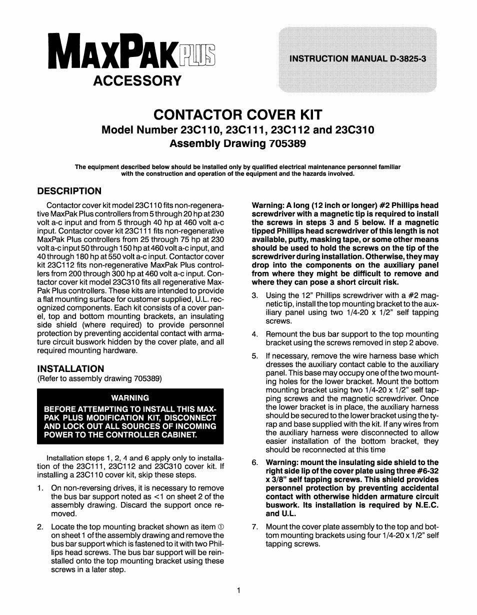 Rockwell Automation MaxPak Plus Contactor Cover Kit 23C110-112, 23C310 User Manual | 4 pages