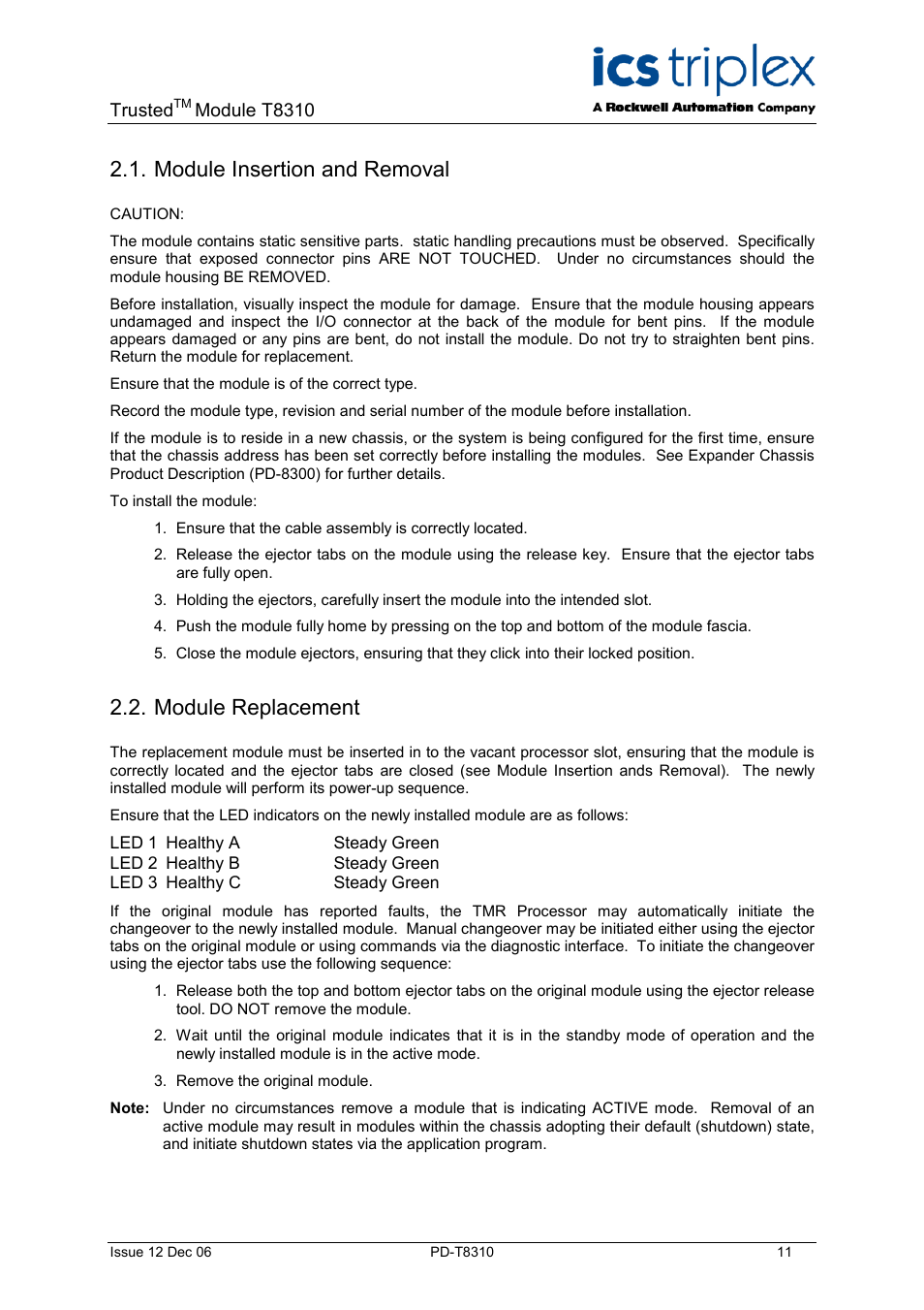 Module insertion and removal, Module replacement | Rockwell Automation T8310 Trusted Expander Processor User Manual | Page 11 / 28