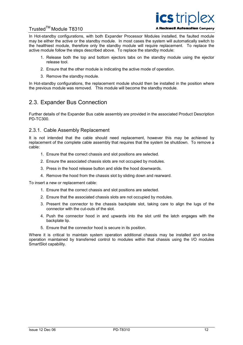 Expander bus connection, Cable assembly replacement, Trusted | Module t8310 | Rockwell Automation T8310 Trusted Expander Processor User Manual | Page 12 / 28