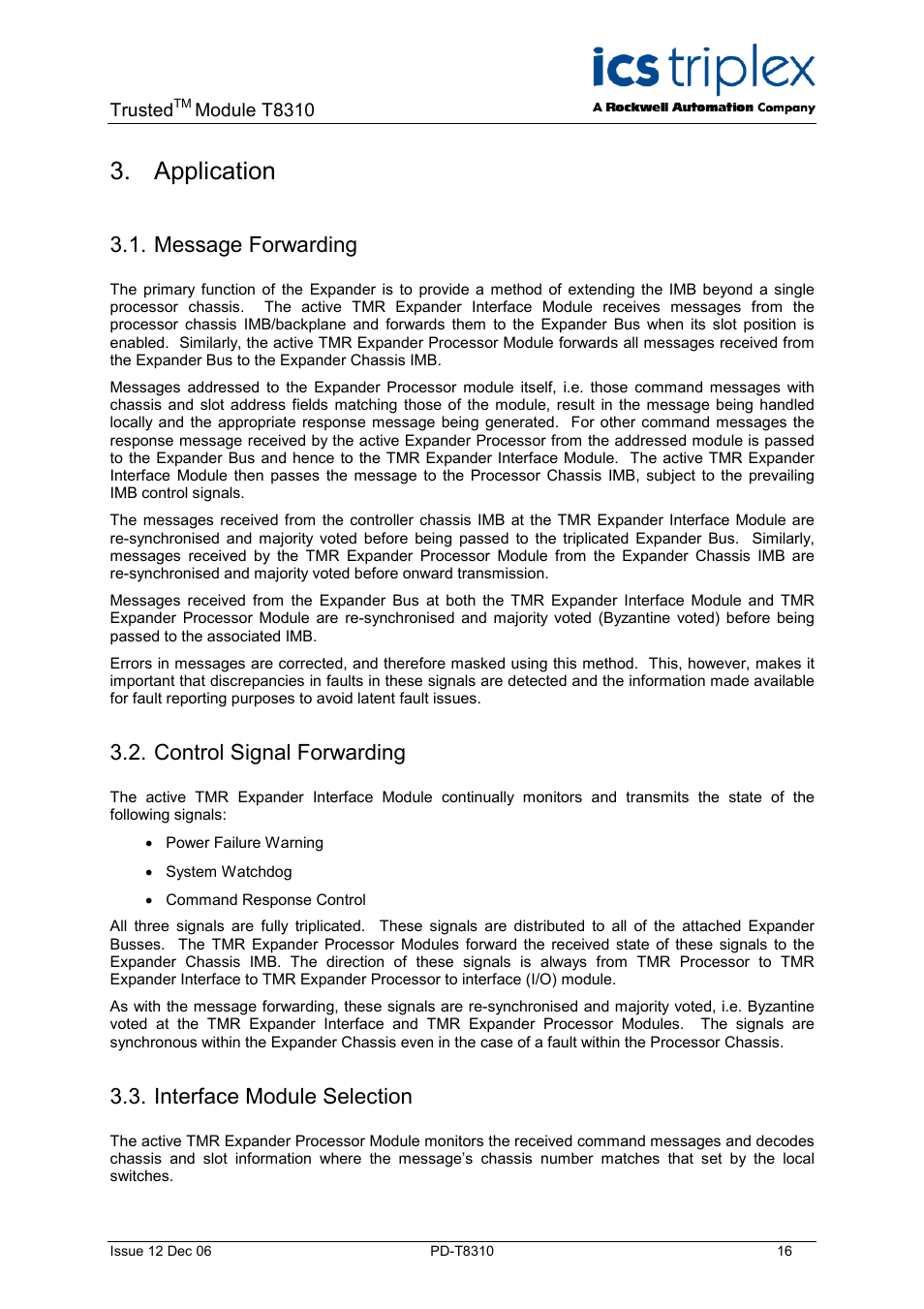 Application, Message forwarding, Control signal forwarding | Interface module selection | Rockwell Automation T8310 Trusted Expander Processor User Manual | Page 16 / 28