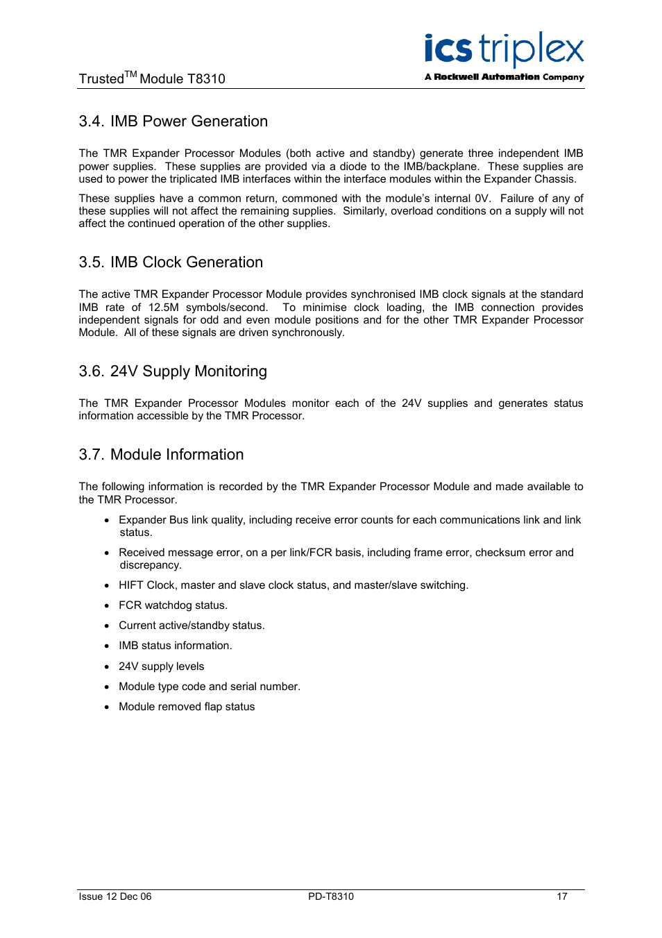 Imb power generation, Imb clock generation, 24v supply monitoring | Module information | Rockwell Automation T8310 Trusted Expander Processor User Manual | Page 17 / 28