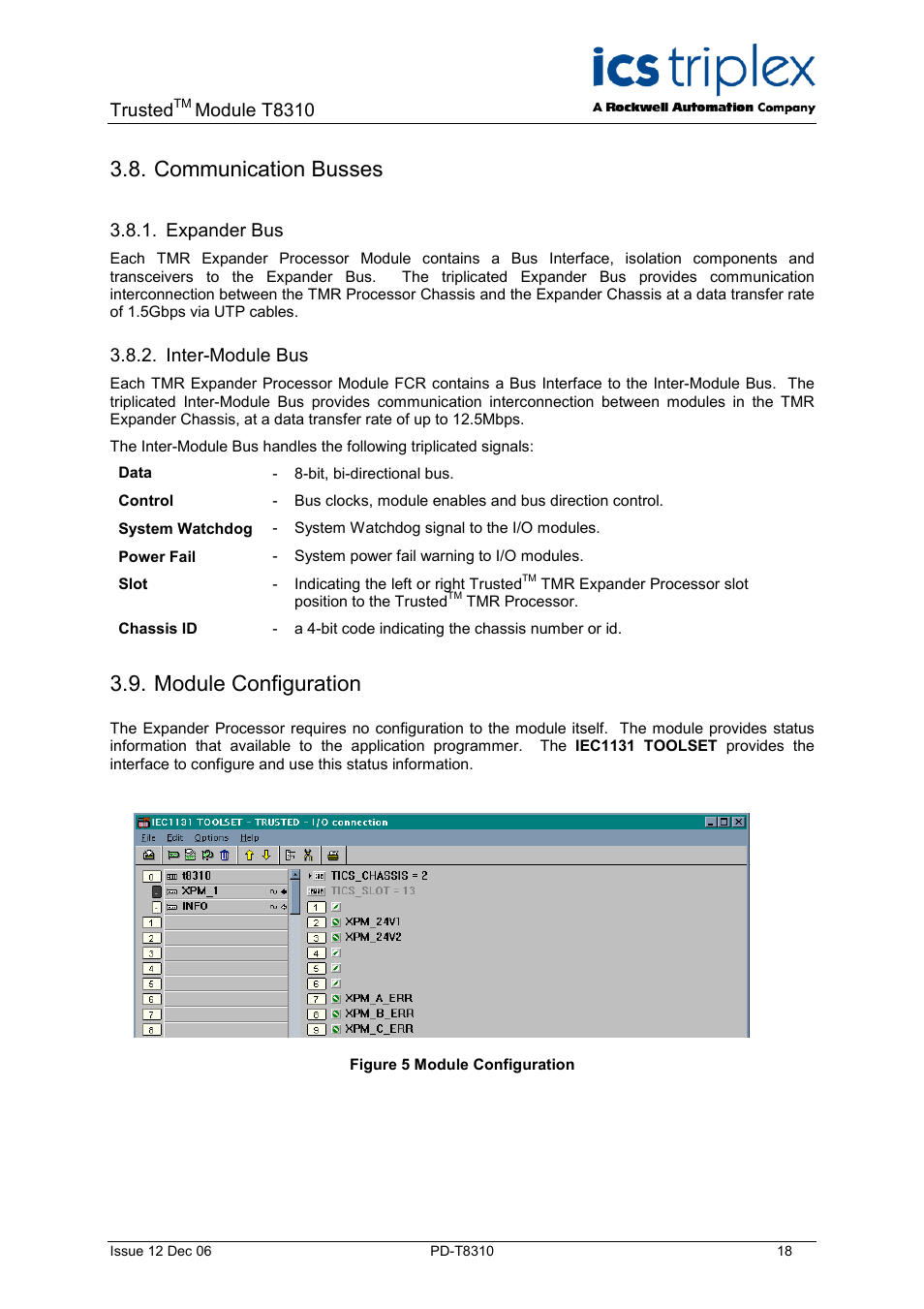 Communication busses, Expander bus, Inter-module bus | Module configuration, Figure 5 module configuration, Trusted, Module t8310 | Rockwell Automation T8310 Trusted Expander Processor User Manual | Page 18 / 28