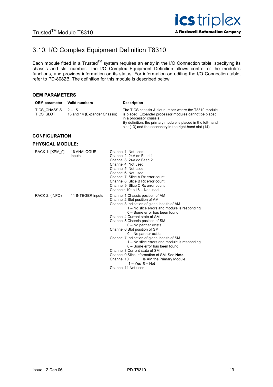 I/o complex equipment definition t8310, Trusted, Module t8310 | Rockwell Automation T8310 Trusted Expander Processor User Manual | Page 19 / 28