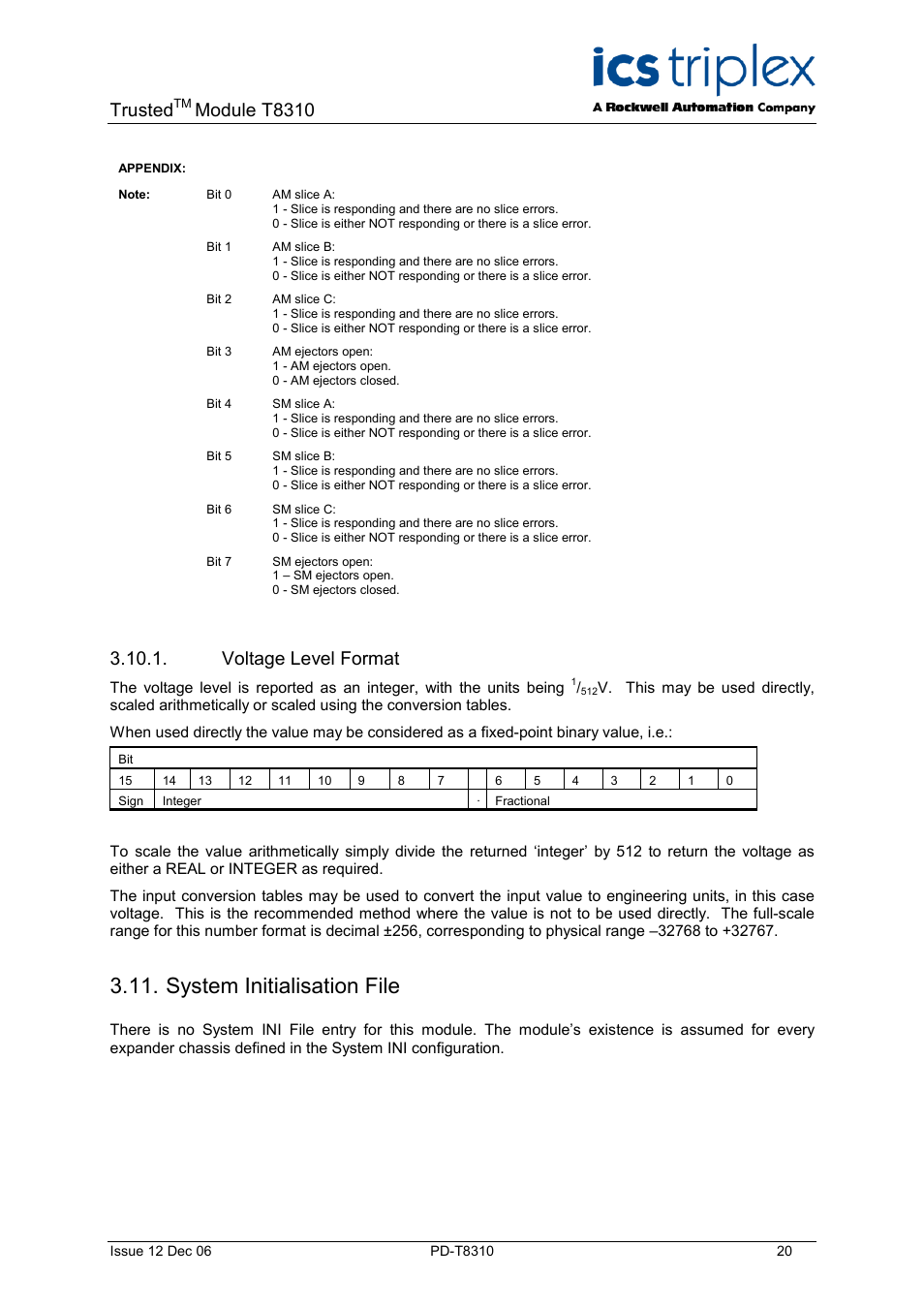 Voltage level format, System initialisation file, Trusted | Module t8310 | Rockwell Automation T8310 Trusted Expander Processor User Manual | Page 20 / 28