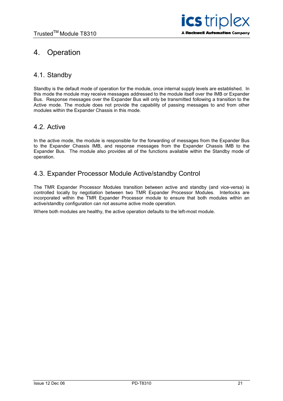 Operation, Standby, Active | Expander processor module active/standby control | Rockwell Automation T8310 Trusted Expander Processor User Manual | Page 21 / 28