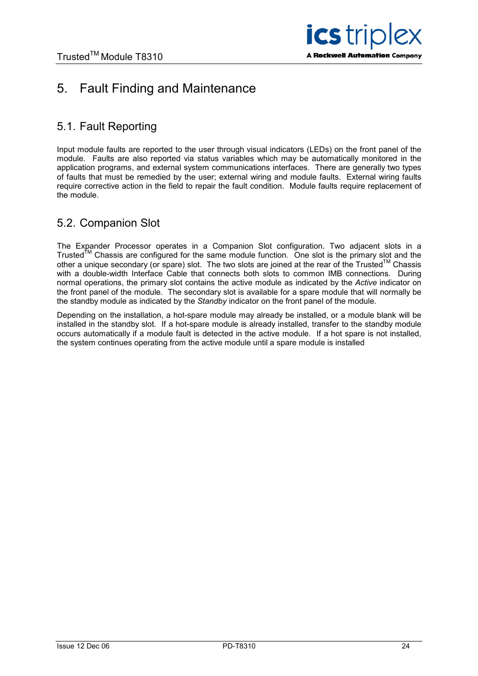 Fault finding and maintenance, Fault reporting, Companion slot | Rockwell Automation T8310 Trusted Expander Processor User Manual | Page 24 / 28