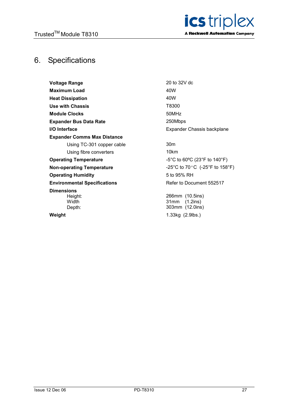 Specifications, Trusted, Module t8310 | Rockwell Automation T8310 Trusted Expander Processor User Manual | Page 27 / 28