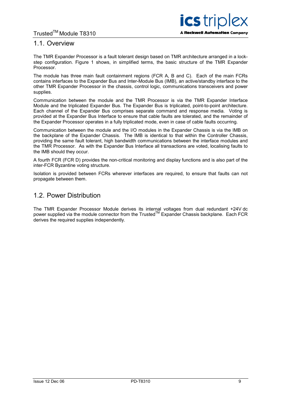 Overview, Power distribution | Rockwell Automation T8310 Trusted Expander Processor User Manual | Page 9 / 28