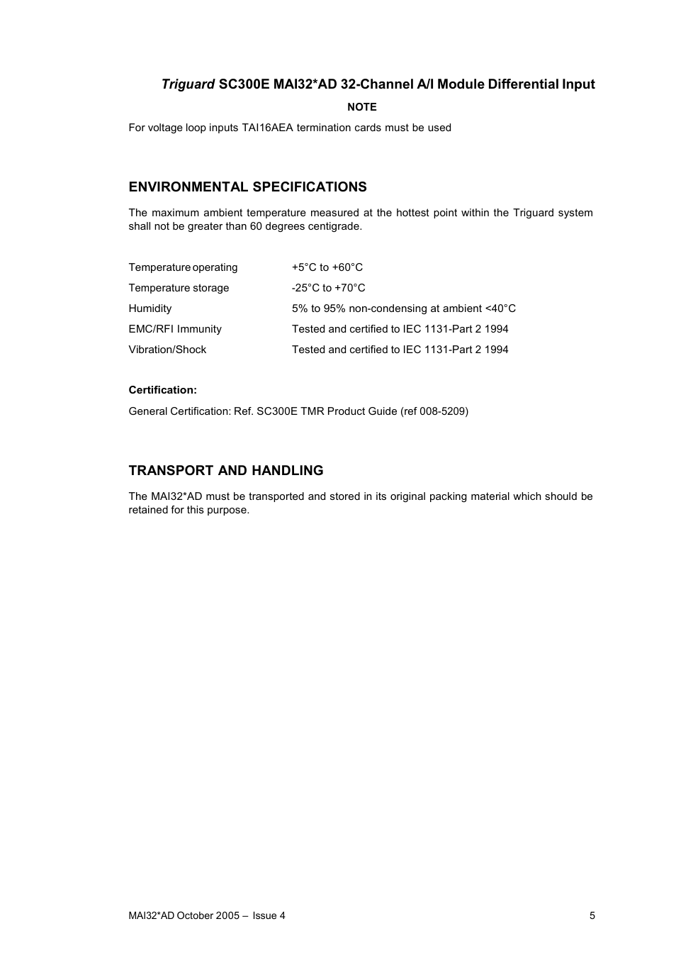 Environmental specifications, Transport and handling | Rockwell Automation MAI32AD 32-Analogue Input Module Differential Input User Manual | Page 5 / 15