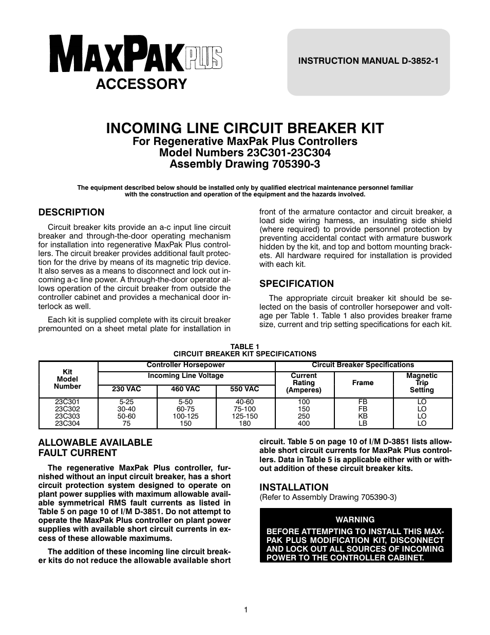Rockwell Automation MaxPak Plus Regenerative Incoming Line CB Kit 23C301-304 User Manual | 4 pages