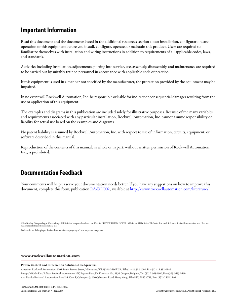 Back cover, Important information, Documentation feedback | Rockwell Automation 2198-Hxxx Kinetix 5500 Drive Systems Design Guide User Manual | Page 102 / 102