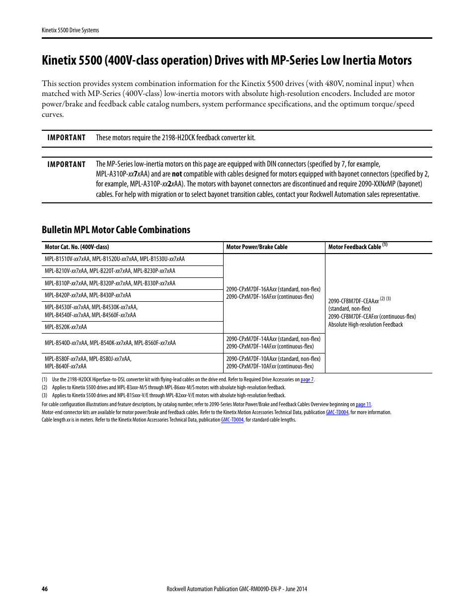 Kinetix 5500 (400v) with mpl, Bulletin mpl motor cable combinations | Rockwell Automation 2198-Hxxx Kinetix 5500 Drive Systems Design Guide User Manual | Page 46 / 102