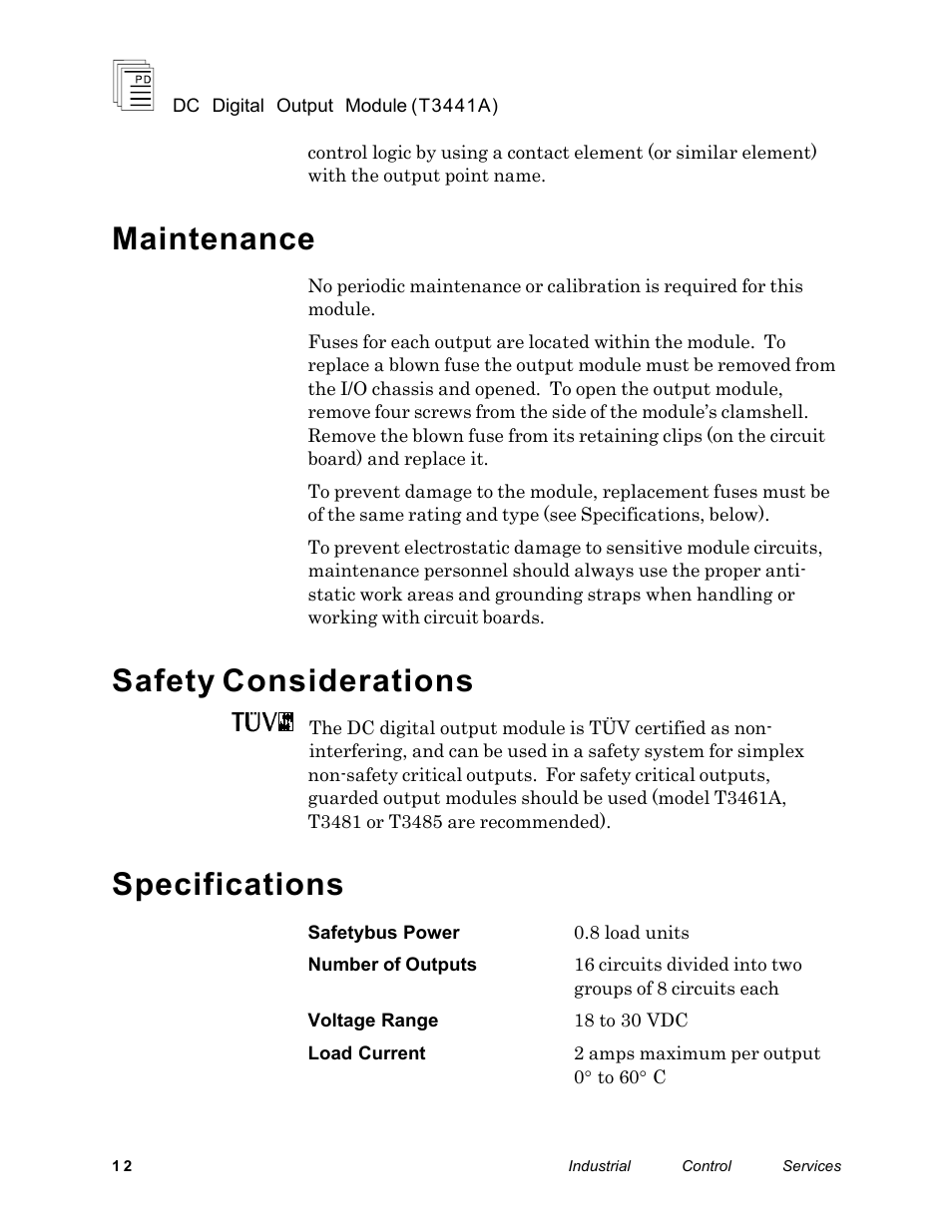 Maintenance, Safety considerations, Specifications | Rockwell Automation T3441A ICS Regent DC Digital Output Module 24 VDC User Manual | Page 12 / 14