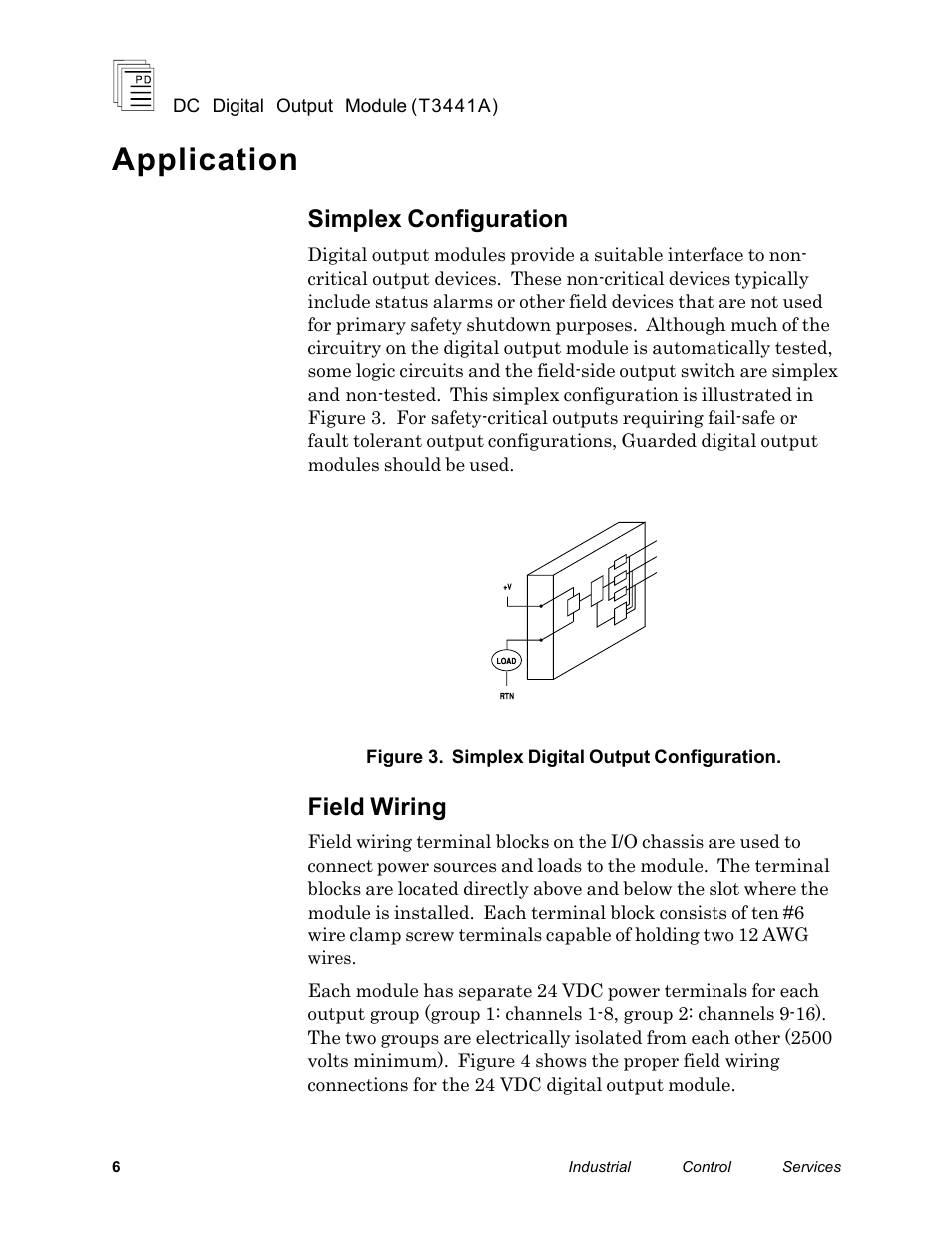 Application, Simplex configuration, Field wiring | Rockwell Automation T3441A ICS Regent DC Digital Output Module 24 VDC User Manual | Page 6 / 14