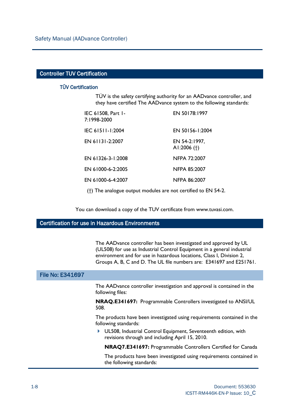 Controller tuv certification, Certification for use in hazardous environments -8 | Rockwell Automation AADvance Controller Safety Manual User Manual | Page 18 / 128