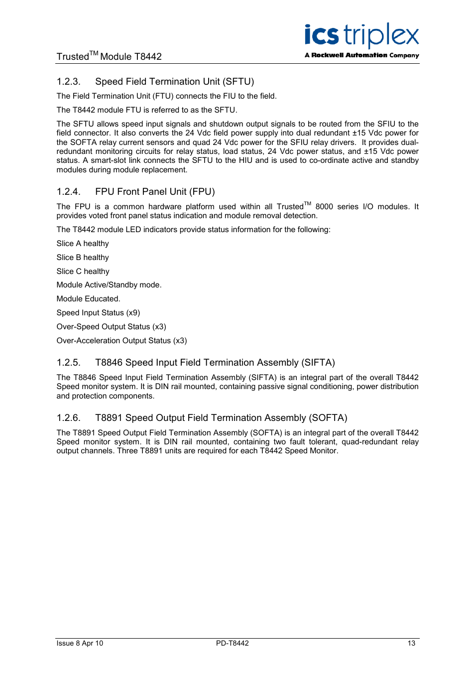 Speed field termination unit (sftu), Fpu front panel unit (fpu) | Rockwell Automation T8442 Trusted TMR Speed Monitor User Manual | Page 13 / 61