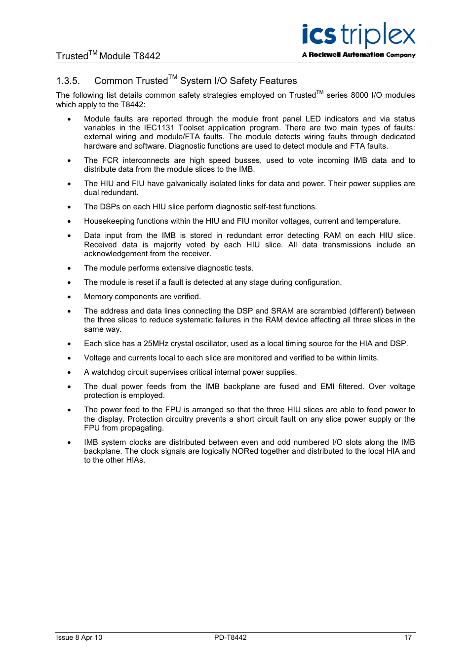 Common trustedtm system i/o safety features, Common trusted, System i/o safety features | Trusted, Module t8442 | Rockwell Automation T8442 Trusted TMR Speed Monitor User Manual | Page 17 / 61