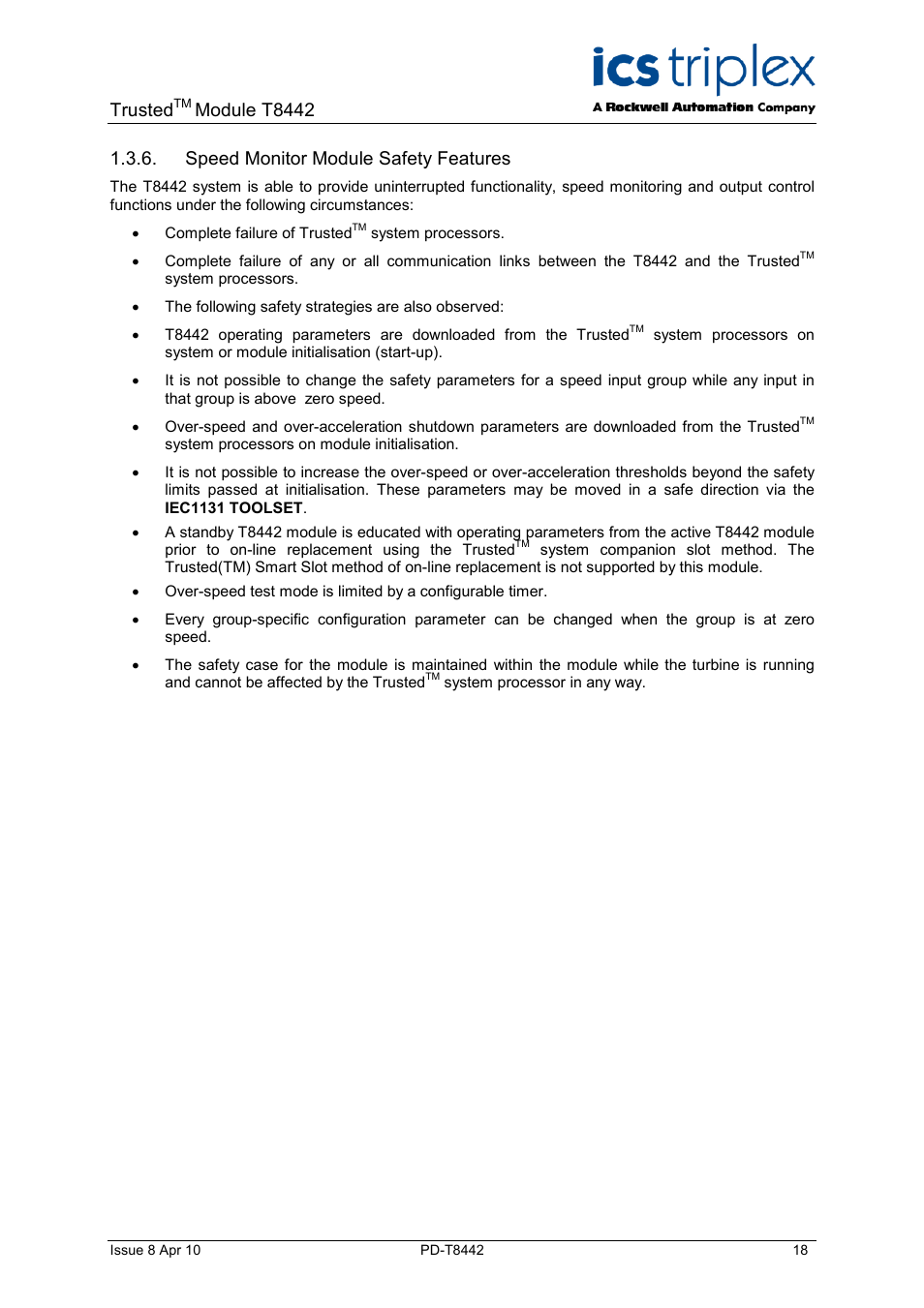 Speed monitor module safety features, Trusted, Module t8442 | Rockwell Automation T8442 Trusted TMR Speed Monitor User Manual | Page 18 / 61