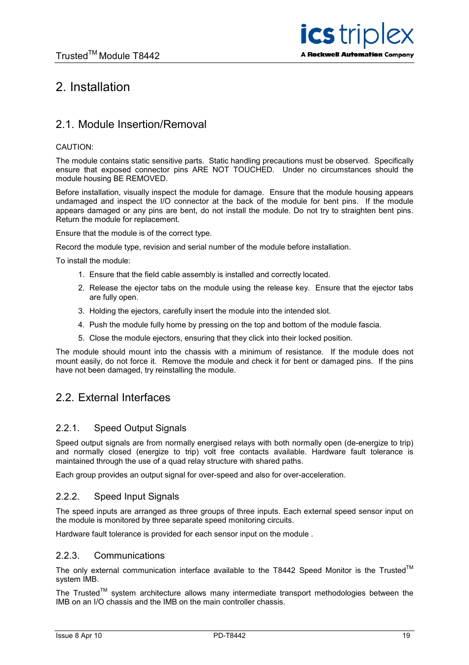 Installation, Module insertion/removal, External interfaces | Speed output signals, Speed input signals, Communications | Rockwell Automation T8442 Trusted TMR Speed Monitor User Manual | Page 19 / 61