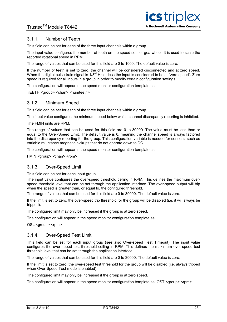 Number of teeth, Minimum speed, Over-speed limit | Over-speed test limit | Rockwell Automation T8442 Trusted TMR Speed Monitor User Manual | Page 25 / 61