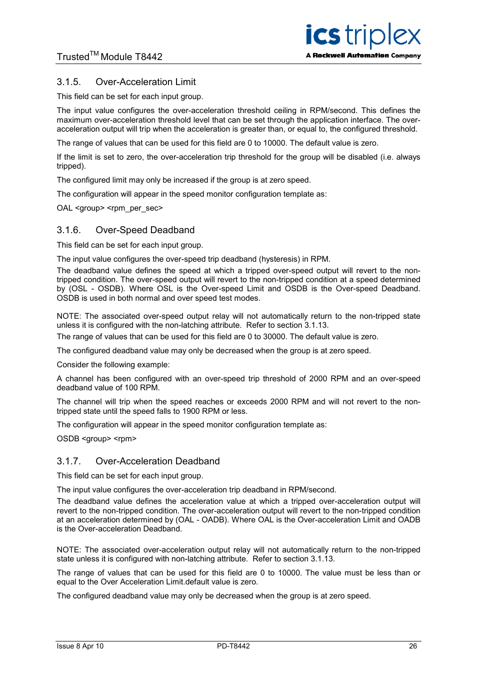 Over-acceleration limit, Over-speed deadband, Over-acceleration deadband | Rockwell Automation T8442 Trusted TMR Speed Monitor User Manual | Page 26 / 61