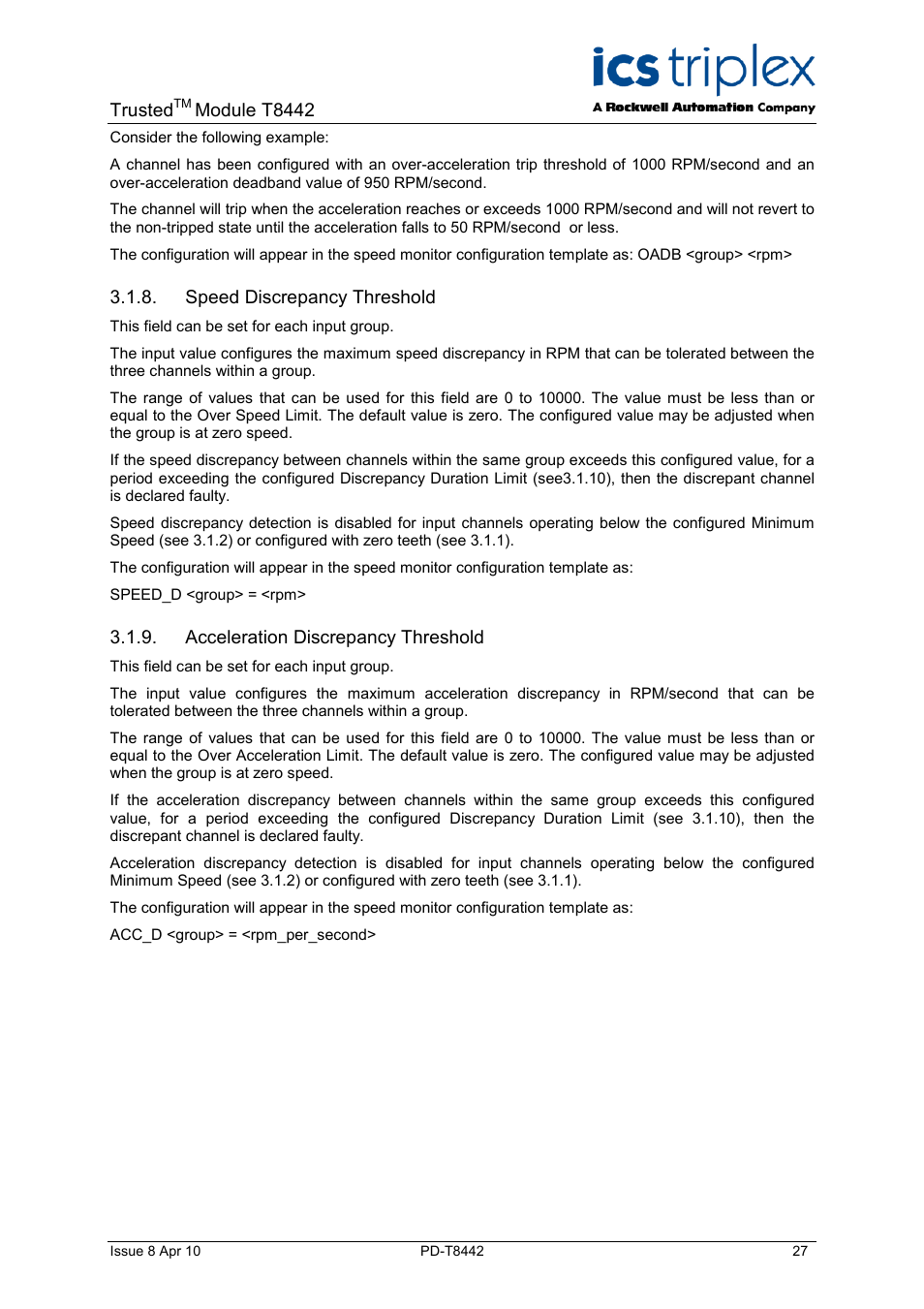 Speed discrepancy threshold, Acceleration discrepancy threshold | Rockwell Automation T8442 Trusted TMR Speed Monitor User Manual | Page 27 / 61