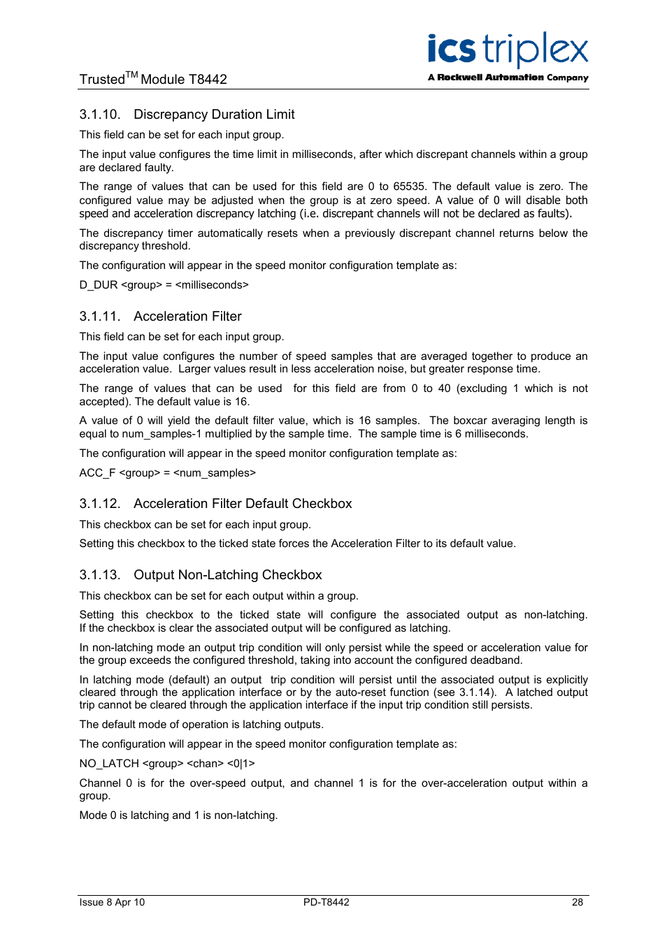 Discrepancy duration limit, Acceleration filter, Acceleration filter default checkbox | Output non-latching checkbox, Trusted, Module t8442 | Rockwell Automation T8442 Trusted TMR Speed Monitor User Manual | Page 28 / 61