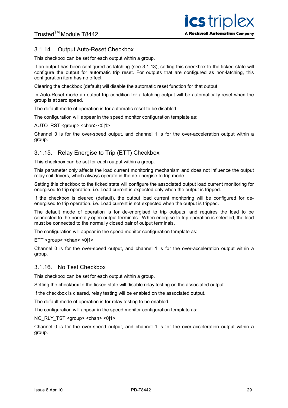 Output auto-reset checkbox, Relay energise to trip (ett) checkbox, No test checkbox | Trusted, Module t8442 | Rockwell Automation T8442 Trusted TMR Speed Monitor User Manual | Page 29 / 61