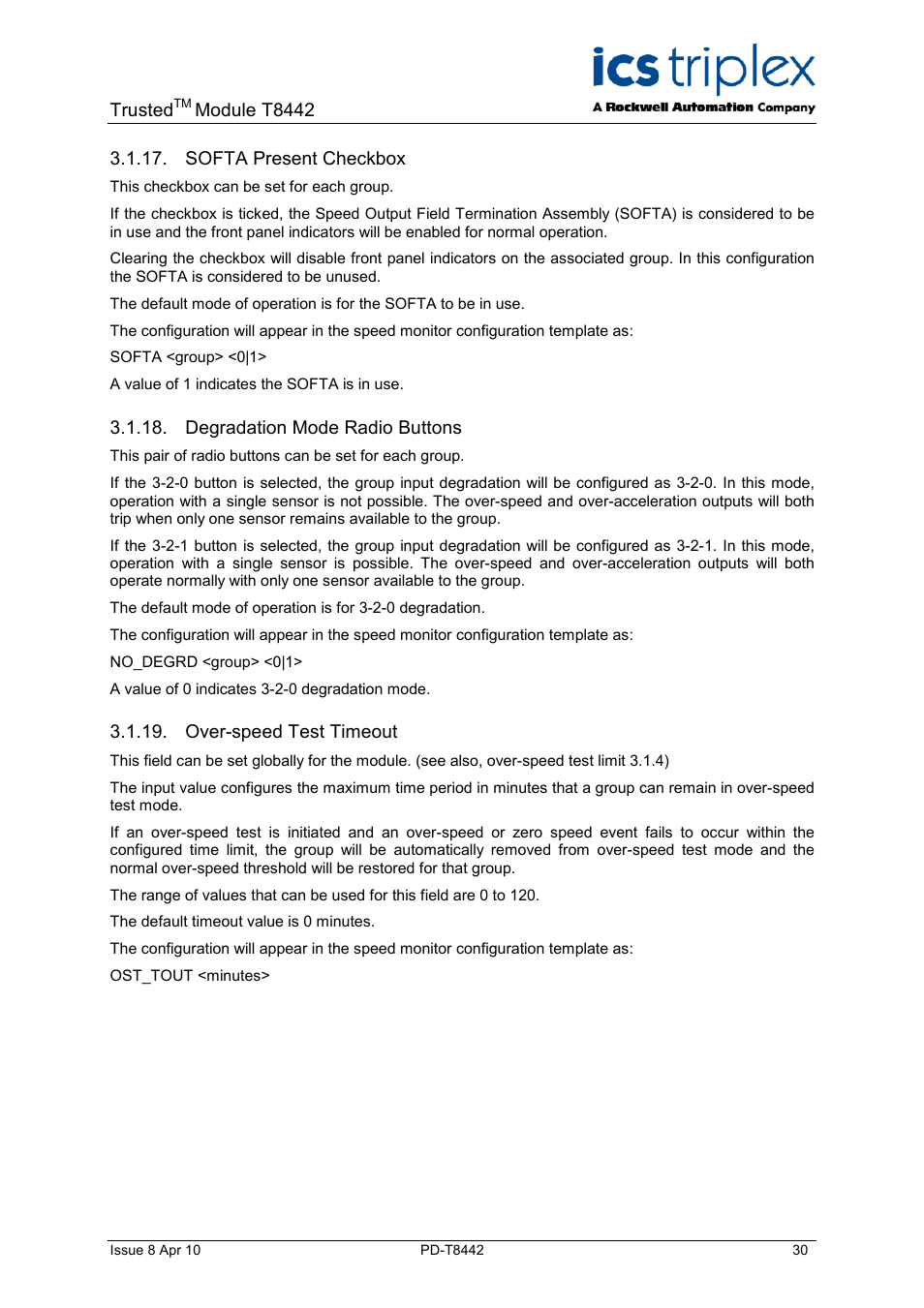 Softa present checkbox, Degradation mode radio buttons, Over-speed test timeout | Trusted, Module t8442 | Rockwell Automation T8442 Trusted TMR Speed Monitor User Manual | Page 30 / 61