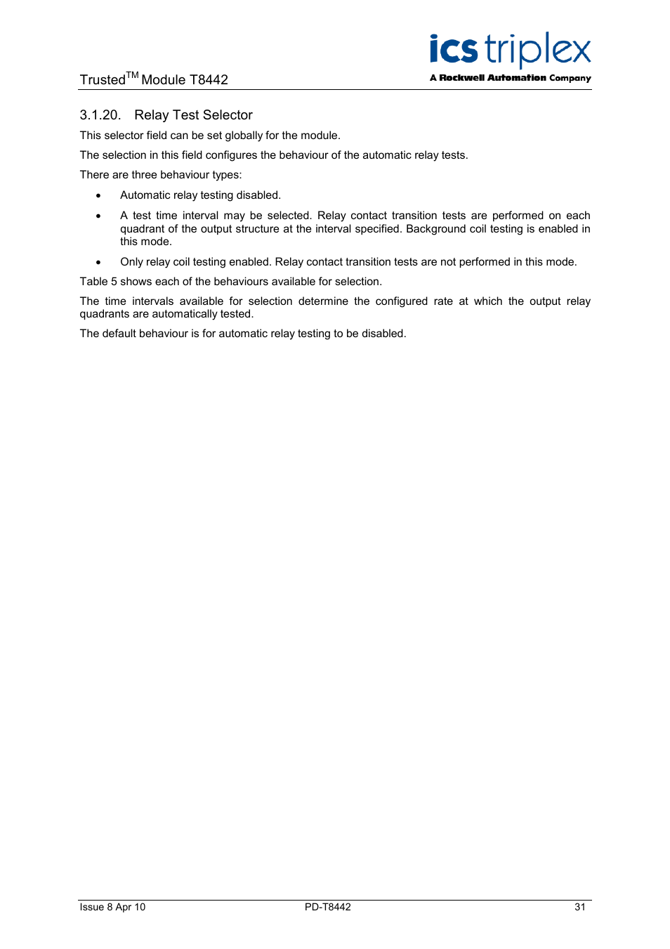 Relay test selector, Trusted, Module t8442 | Rockwell Automation T8442 Trusted TMR Speed Monitor User Manual | Page 31 / 61