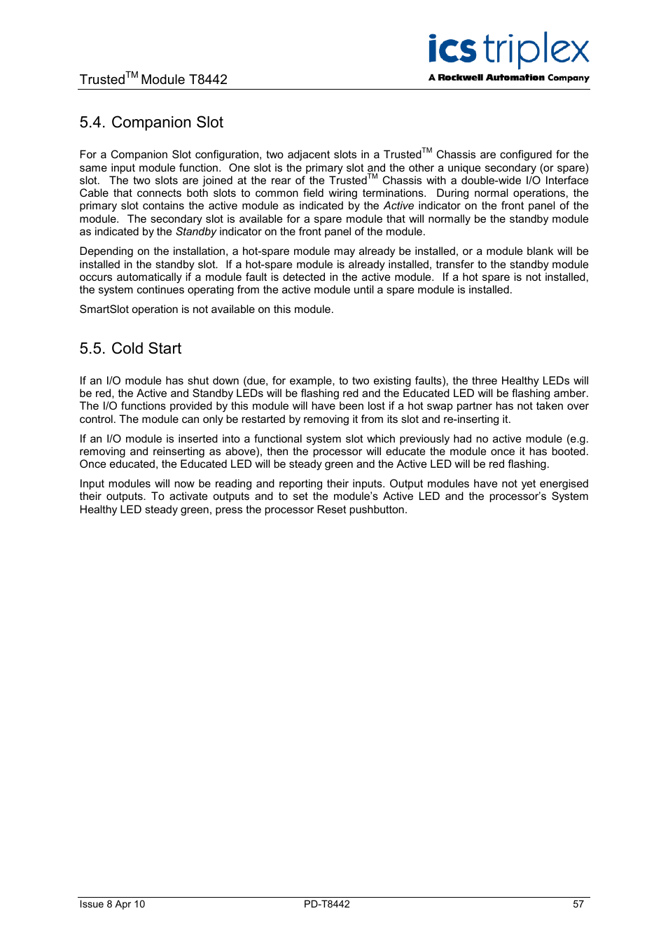 Companion slot, Cold start, Trusted | Module t8442 | Rockwell Automation T8442 Trusted TMR Speed Monitor User Manual | Page 57 / 61