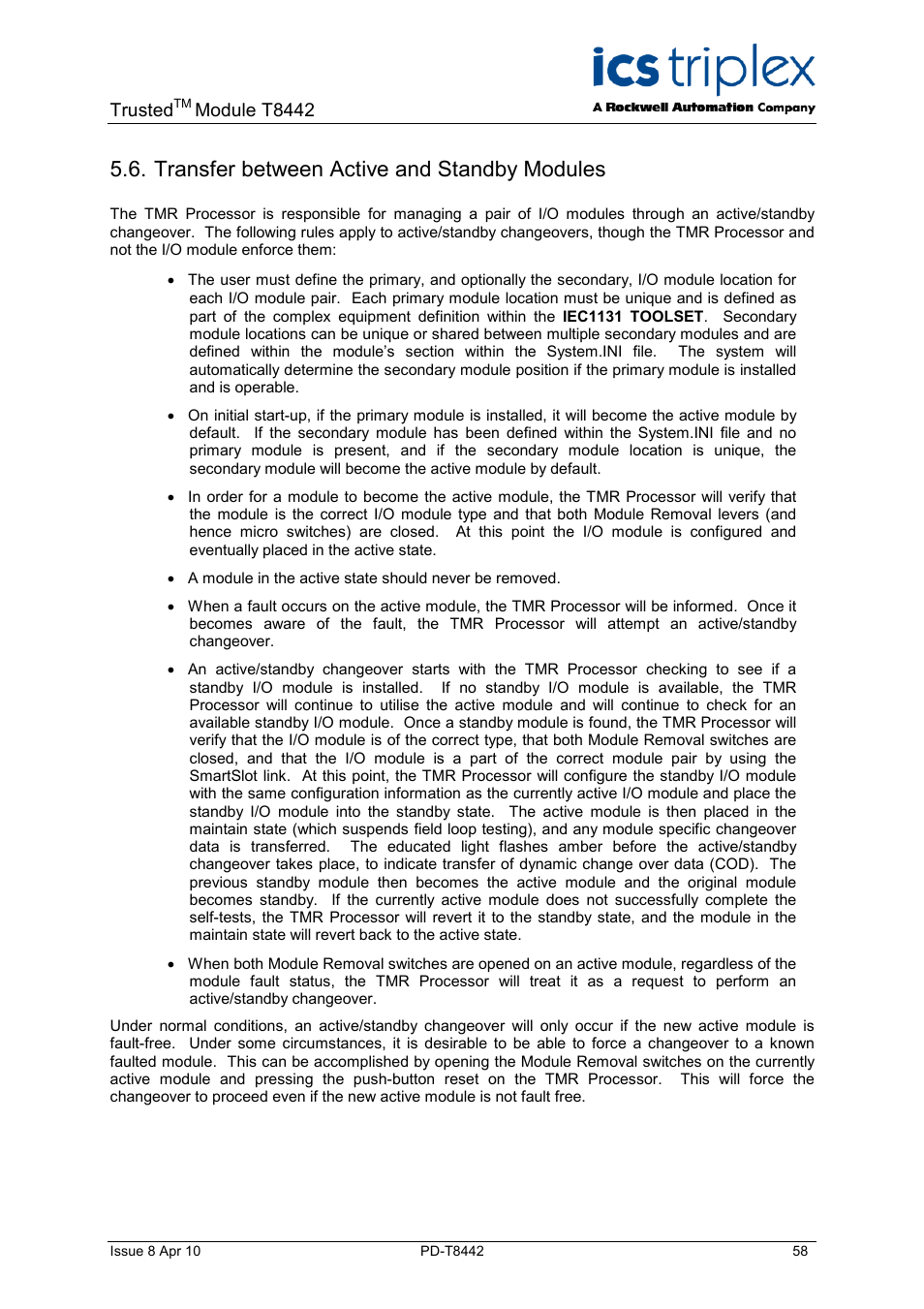 Transfer between active and standby modules, Trusted, Module t8442 | Rockwell Automation T8442 Trusted TMR Speed Monitor User Manual | Page 58 / 61