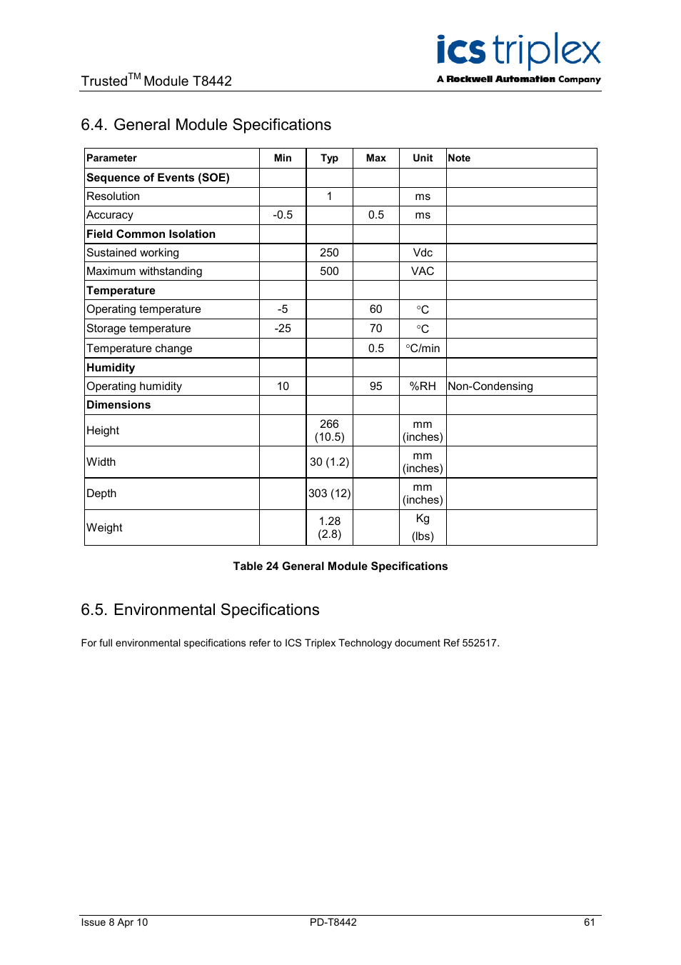 General module specifications, Environmental specifications, Table 24 general module specifications | Trusted, Module t8442 | Rockwell Automation T8442 Trusted TMR Speed Monitor User Manual | Page 61 / 61