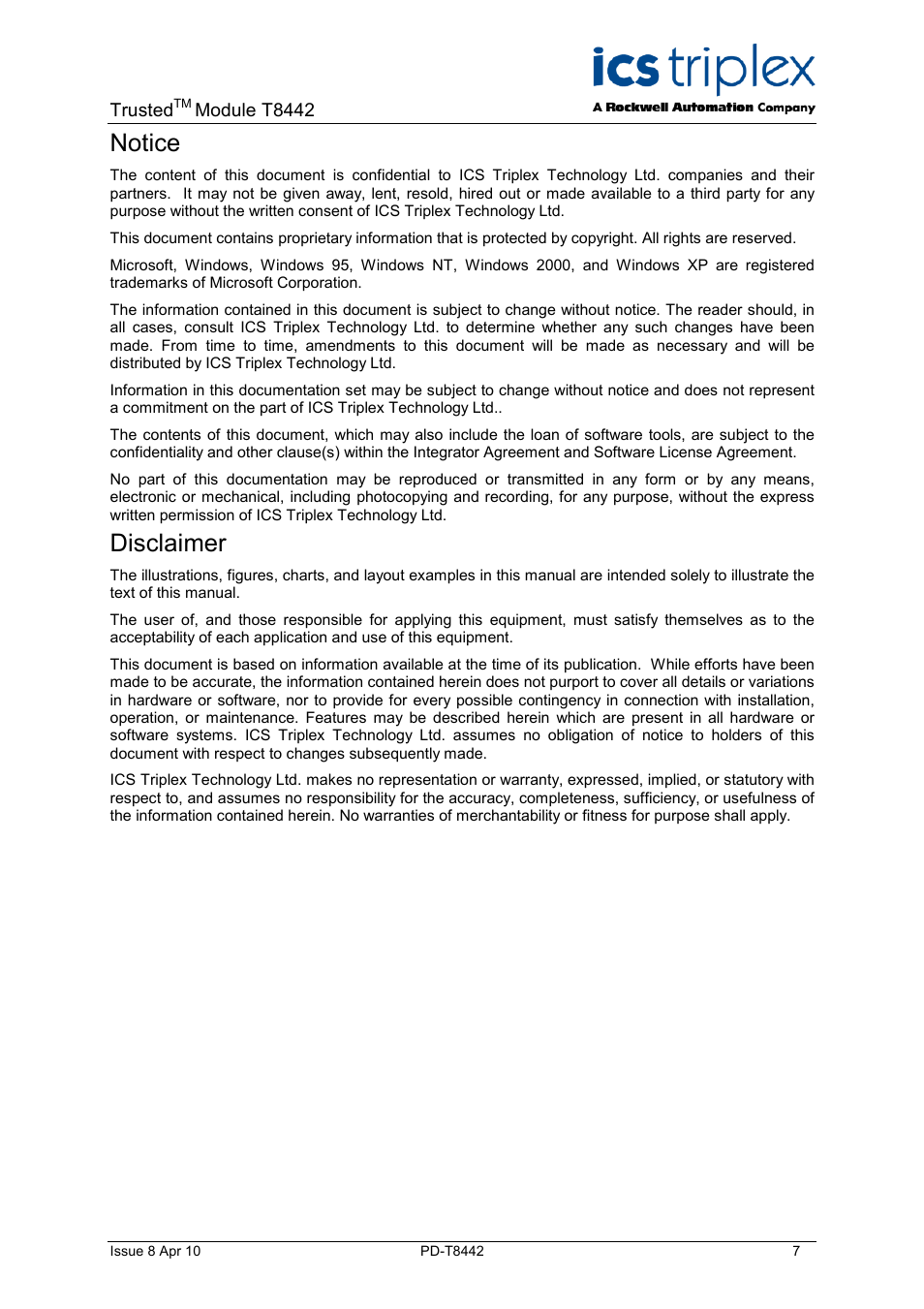 Notice, Disclaimer | Rockwell Automation T8442 Trusted TMR Speed Monitor User Manual | Page 7 / 61