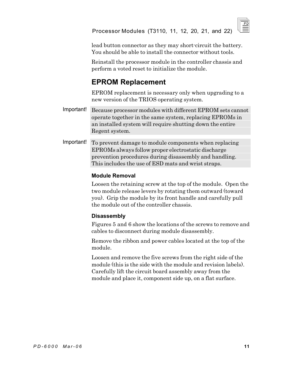 Eprom replacement | Rockwell Automation T3122 ICS Regent Processor Modules User Manual | Page 11 / 21