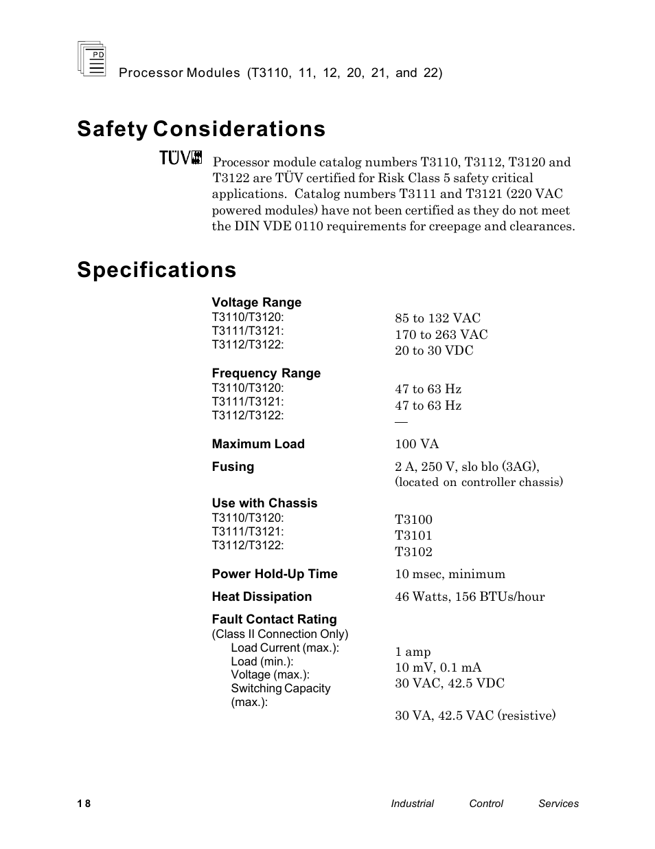 Safety considerations, Specifications | Rockwell Automation T3122 ICS Regent Processor Modules User Manual | Page 18 / 21
