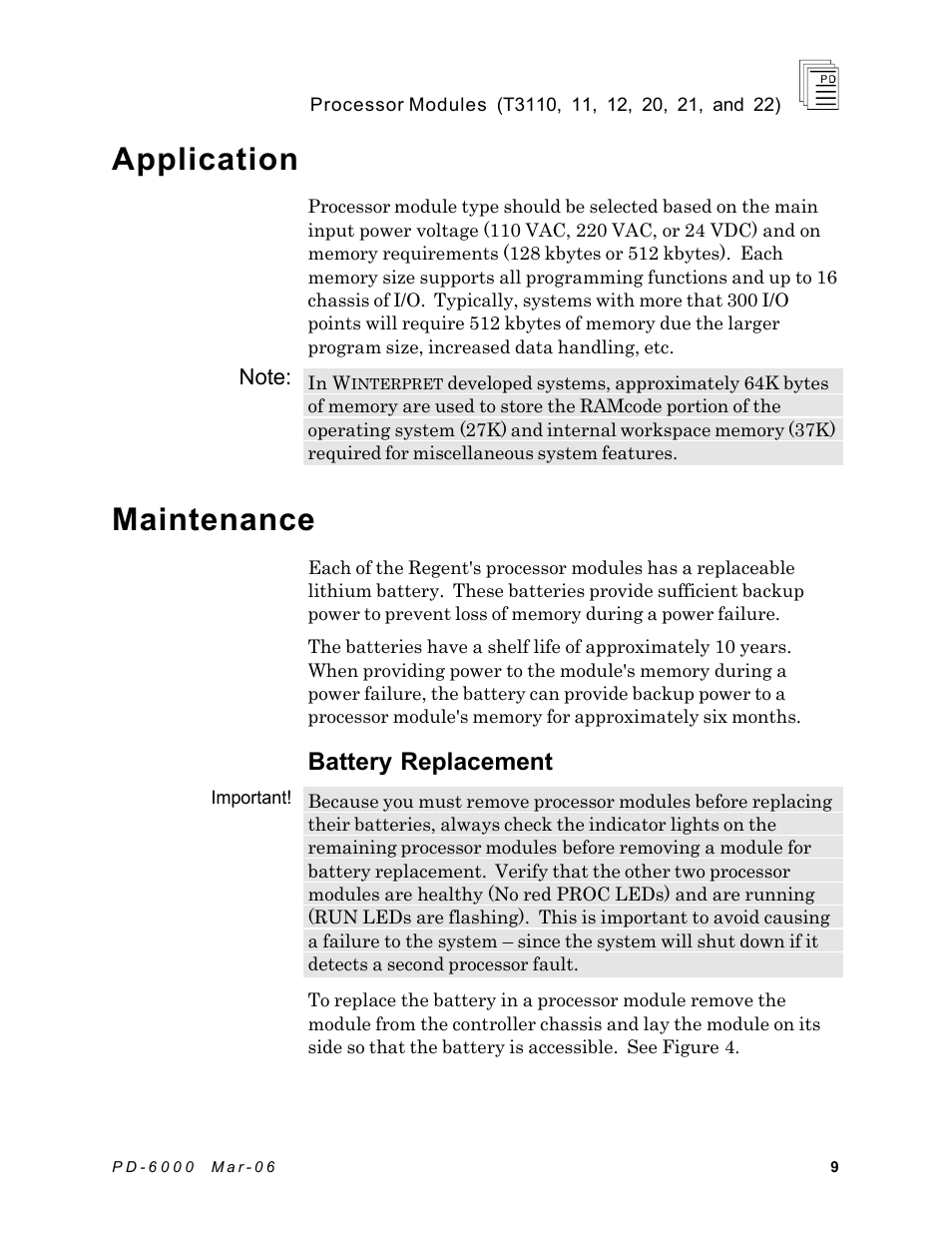 Application, Maintenance, Battery replacement | Rockwell Automation T3122 ICS Regent Processor Modules User Manual | Page 9 / 21