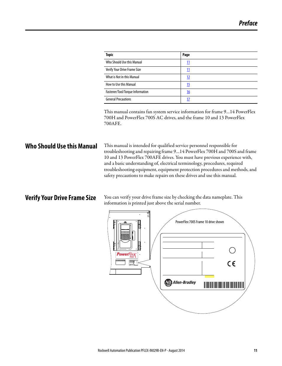 Preface, Who should use this manual, Verify your drive frame size | Rockwell Automation 20Y PowerFlex 700H, 700S, and 700AFE Drive Fan Systems, Frames 9...14 User Manual | Page 11 / 296