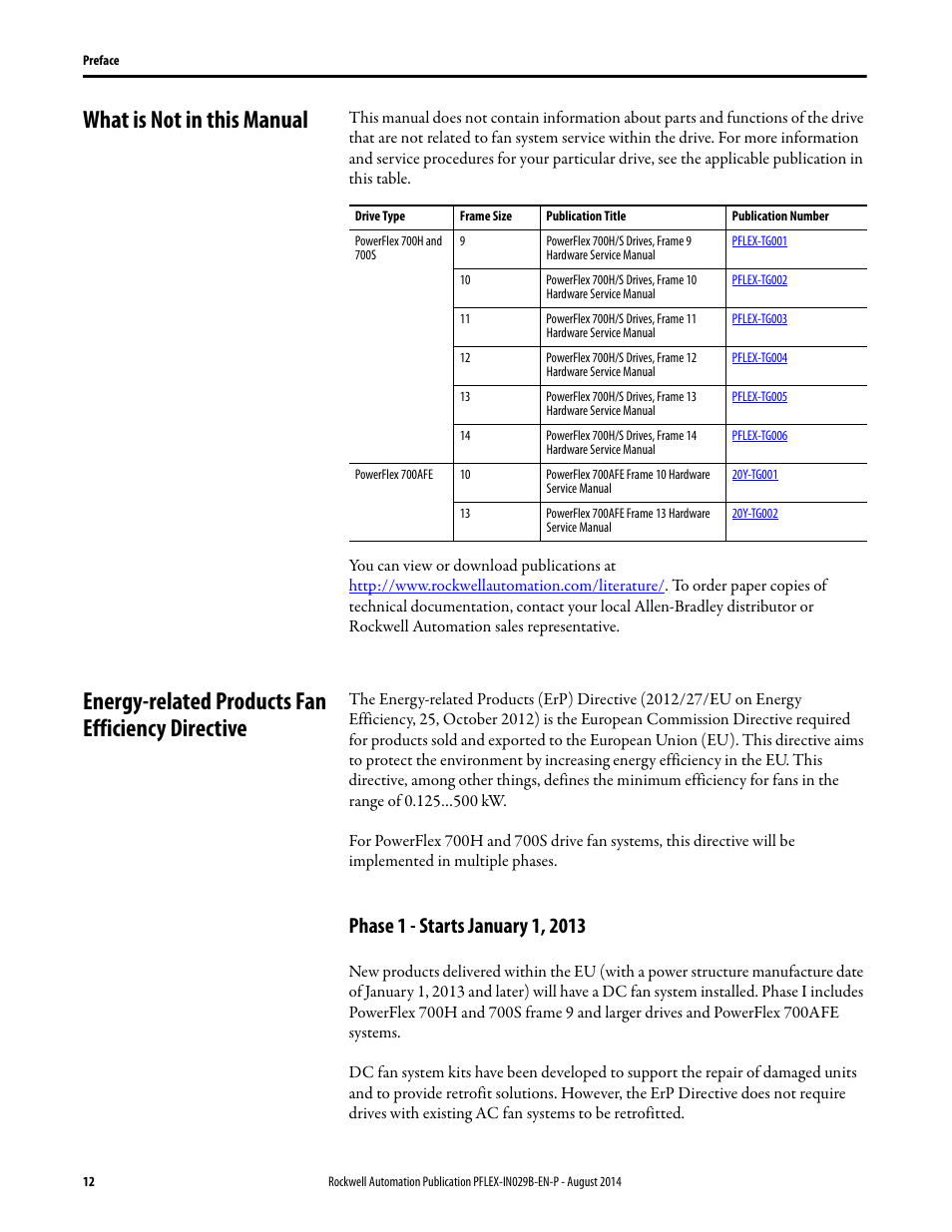 What is not in this manual, Energy-related products fan efficiency directive, Phase 1 - starts january 1, 2013 | E energy-related products fan efficiency directive | Rockwell Automation 20Y PowerFlex 700H, 700S, and 700AFE Drive Fan Systems, Frames 9...14 User Manual | Page 12 / 296
