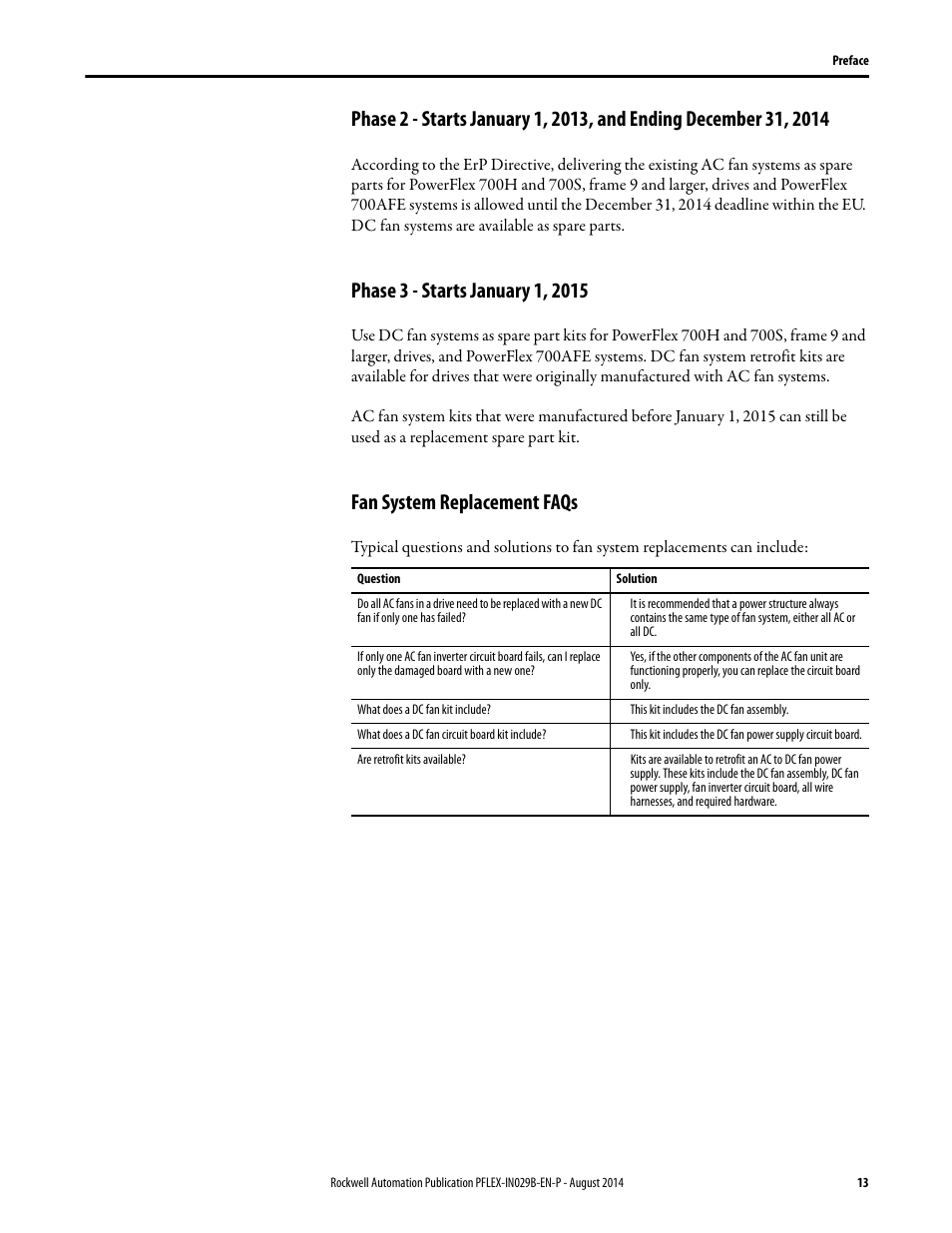 Phase 3 - starts january 1, 2015, Fan system replacement faqs | Rockwell Automation 20Y PowerFlex 700H, 700S, and 700AFE Drive Fan Systems, Frames 9...14 User Manual | Page 13 / 296
