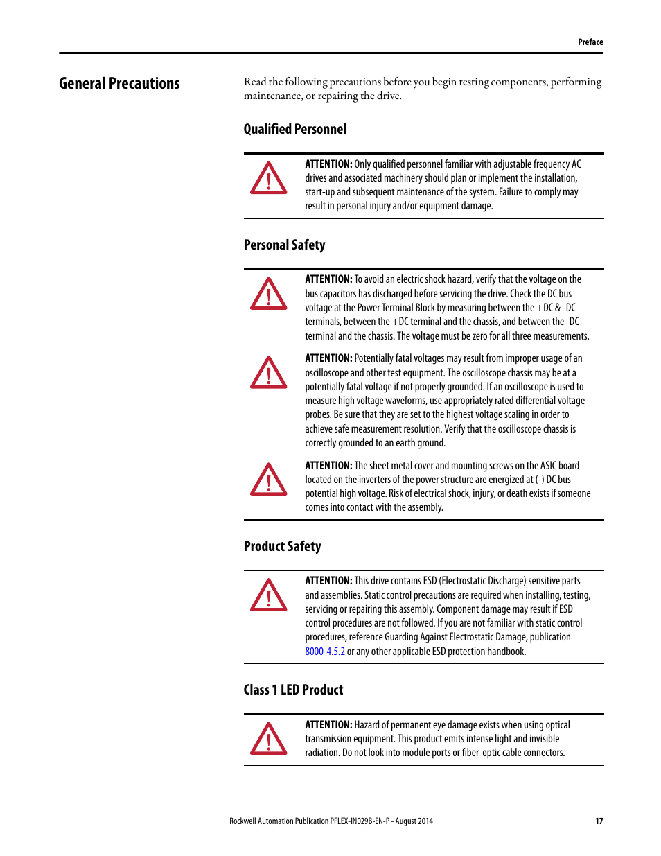 General precautions, Qualified personnel, Personal safety | Product safety, Class 1 led product | Rockwell Automation 20Y PowerFlex 700H, 700S, and 700AFE Drive Fan Systems, Frames 9...14 User Manual | Page 17 / 296