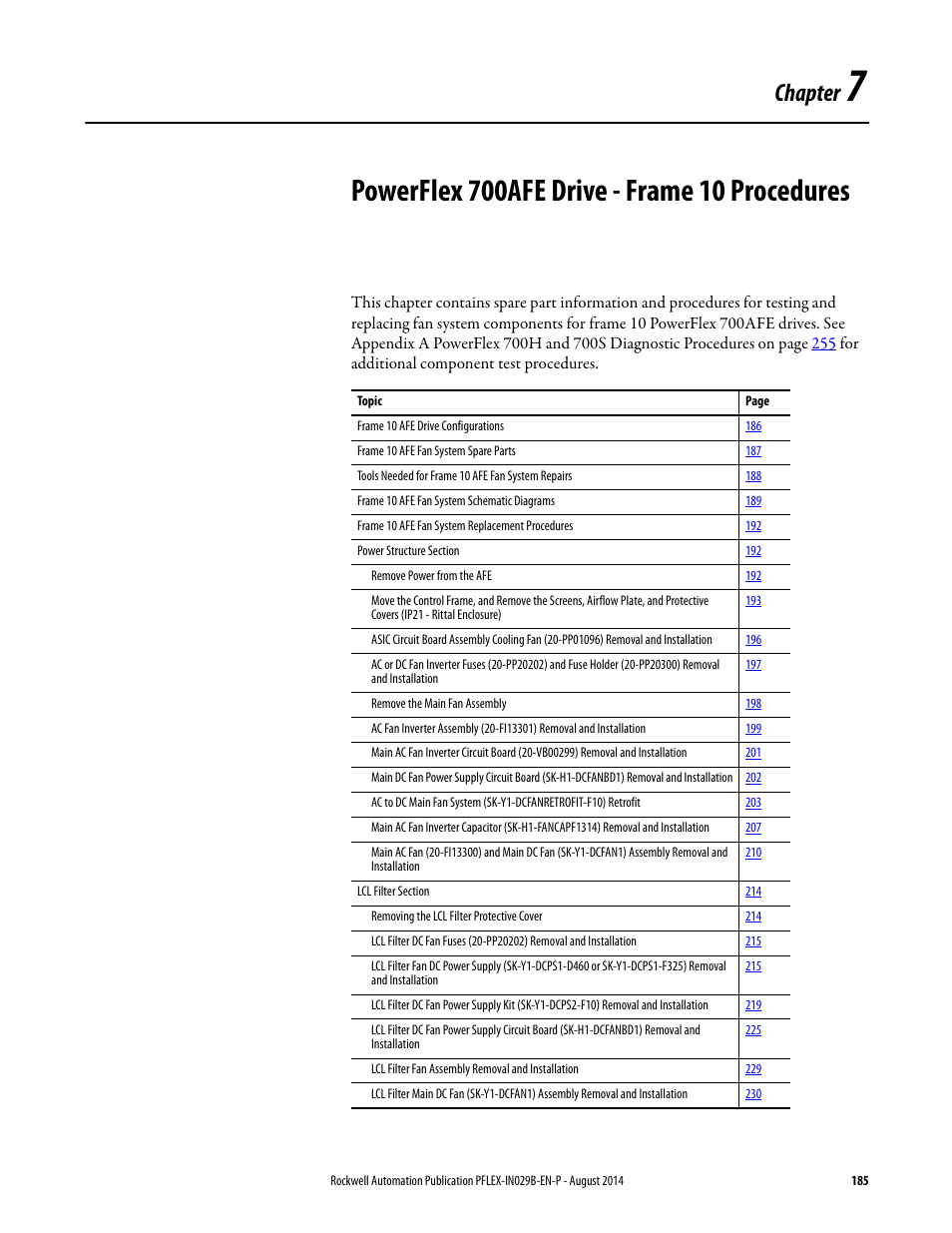 Chapter 7, Powerflex 700afe drive - frame 10 procedures, Chapter | Rockwell Automation 20Y PowerFlex 700H, 700S, and 700AFE Drive Fan Systems, Frames 9...14 User Manual | Page 185 / 296