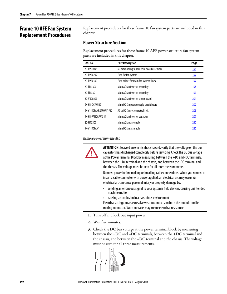 Frame 10 afe fan system replacement procedures, Power structure section, Remove power from the afe | Rockwell Automation 20Y PowerFlex 700H, 700S, and 700AFE Drive Fan Systems, Frames 9...14 User Manual | Page 192 / 296