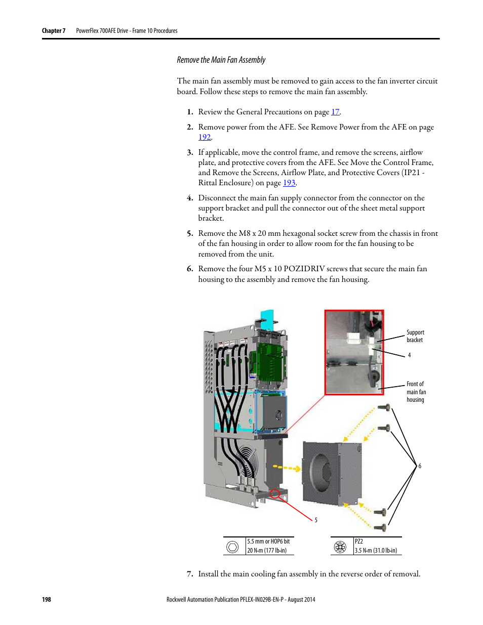 Remove the main fan assembly | Rockwell Automation 20Y PowerFlex 700H, 700S, and 700AFE Drive Fan Systems, Frames 9...14 User Manual | Page 198 / 296