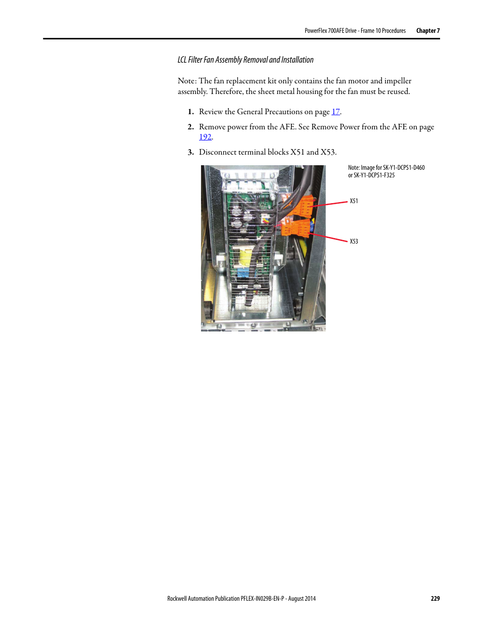 Lcl filter fan assembly removal and installation, E lcl filter fan assembly removal and installation | Rockwell Automation 20Y PowerFlex 700H, 700S, and 700AFE Drive Fan Systems, Frames 9...14 User Manual | Page 229 / 296