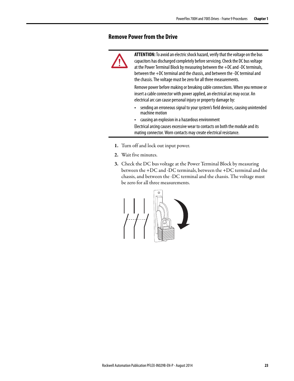 Remove power from the drive | Rockwell Automation 20Y PowerFlex 700H, 700S, and 700AFE Drive Fan Systems, Frames 9...14 User Manual | Page 23 / 296