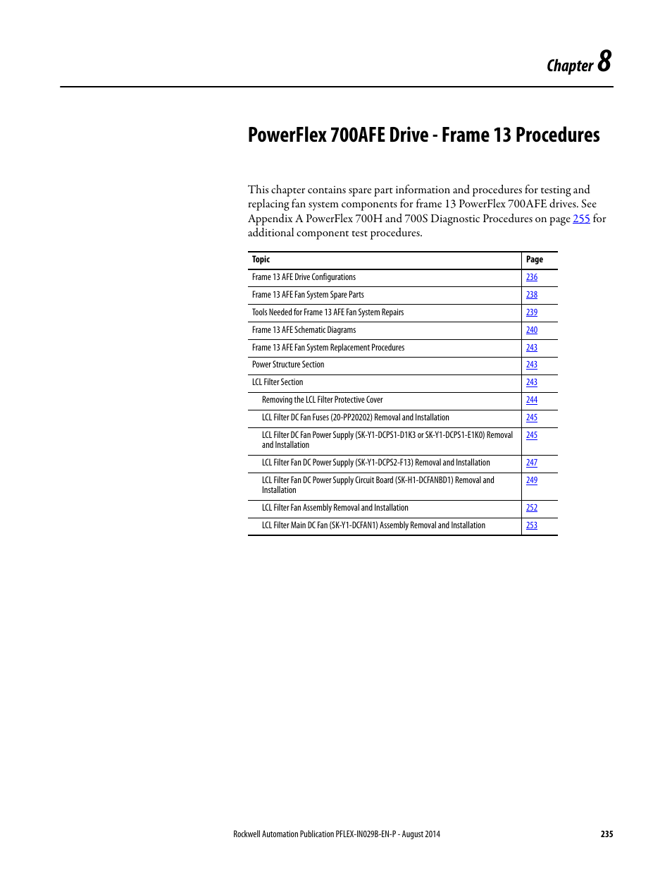 Chapter 8, Powerflex 700afe drive - frame 13 procedures, Chapter | Rockwell Automation 20Y PowerFlex 700H, 700S, and 700AFE Drive Fan Systems, Frames 9...14 User Manual | Page 235 / 296