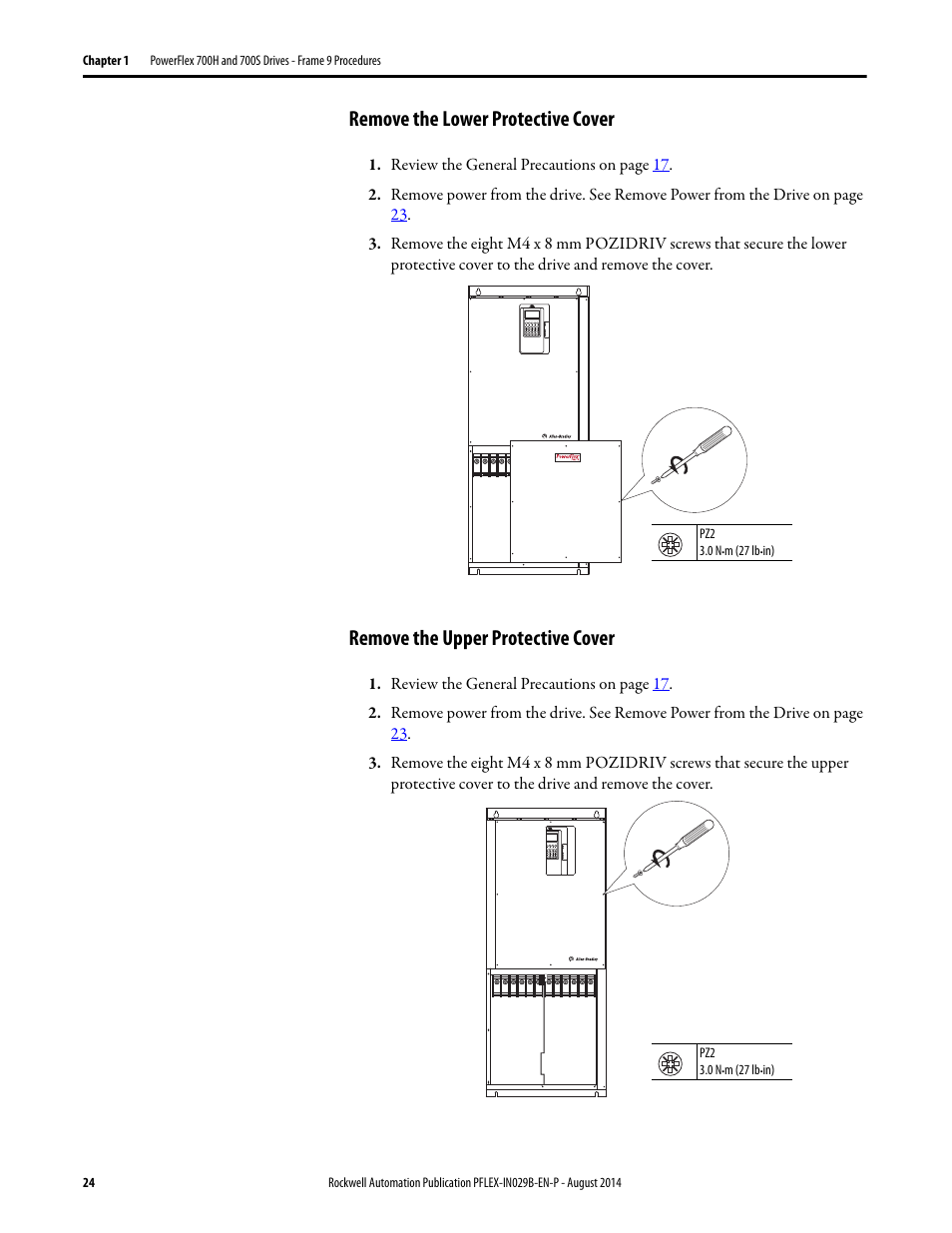 Remove the lower protective cover, Remove the upper protective cover | Rockwell Automation 20Y PowerFlex 700H, 700S, and 700AFE Drive Fan Systems, Frames 9...14 User Manual | Page 24 / 296