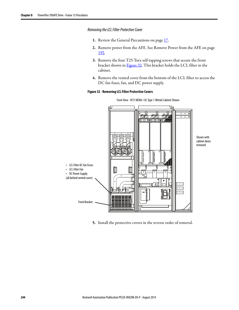 Removing the lcl filter protective cover | Rockwell Automation 20Y PowerFlex 700H, 700S, and 700AFE Drive Fan Systems, Frames 9...14 User Manual | Page 244 / 296