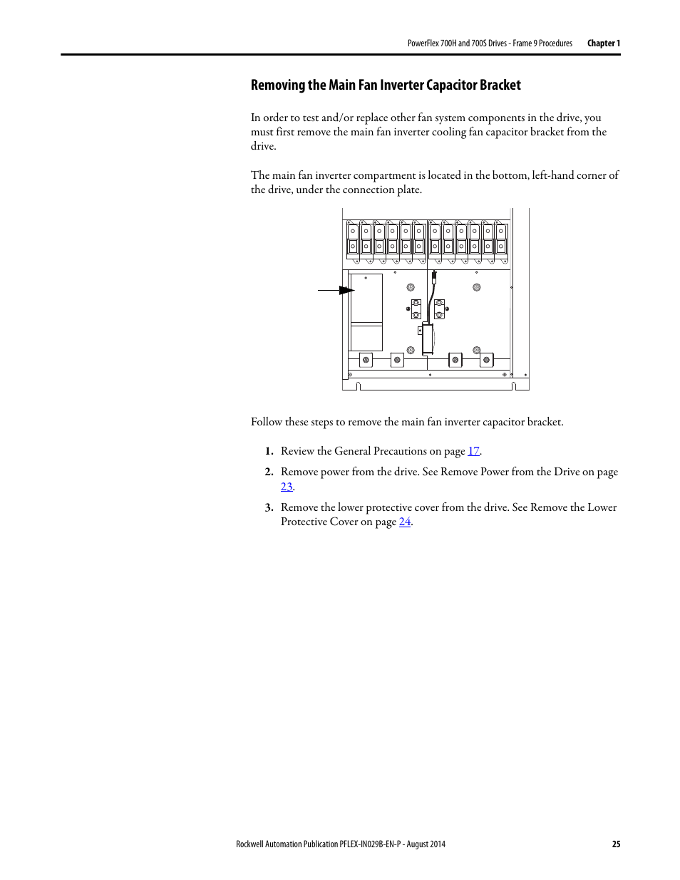 Removing the main fan inverter capacitor bracket | Rockwell Automation 20Y PowerFlex 700H, 700S, and 700AFE Drive Fan Systems, Frames 9...14 User Manual | Page 25 / 296